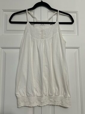Y2K Off-White Cotton Embroidered Halter Balloon Style Tank Top Banded Hem